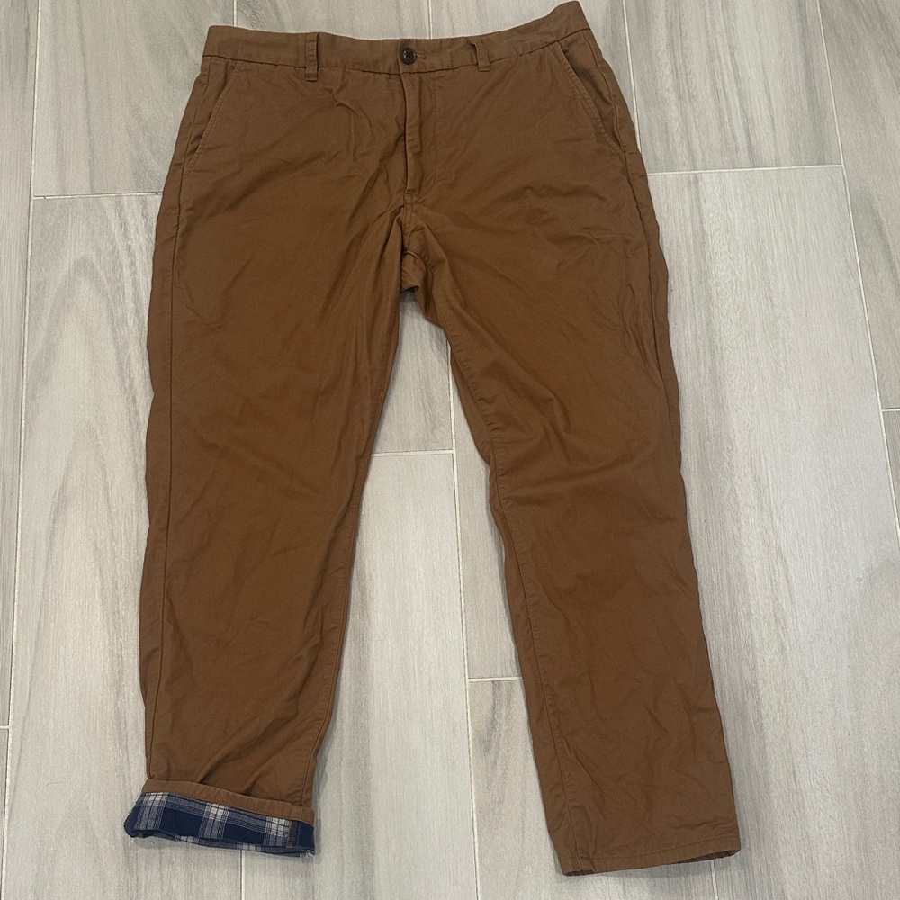 Bonobos 34 x 30 Athletic Fit Brown Pants Lightweight Navy Plaid Flannel Lining